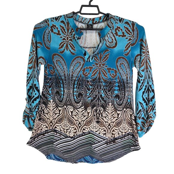 Womens Winwin Tunic Top Blue Brown Paisley Print V Neck Roll Tab Sleeve S/M - Picture 1 of 9